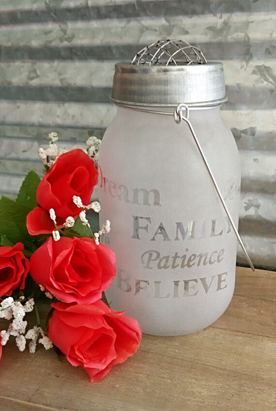 Lovely Frosted and Etched Glass Mason Jar with Frog Lid for