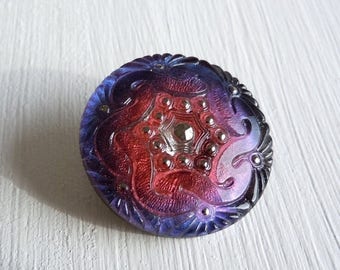 20% Summer SALE Czech Glass Button - 27mm Handpainted Purple Fuchsia with Silver (G - 429)