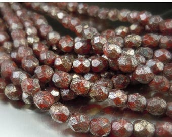 20% Summer SALE Czech Glass Bead 6mm Faceted Round Bead - Faceted Round Beads Oxblood Copper Stone Picasso - 25 (G - 470)