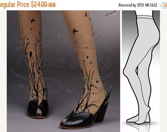 SALE///endsAug22/// small/medium fabulous Forest Symphony tattoo stockings / full length / pantyhose / nylons CAFE LATTE