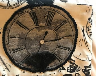 Handmade Black and Cream Elegant Purse with Clock Fabric
