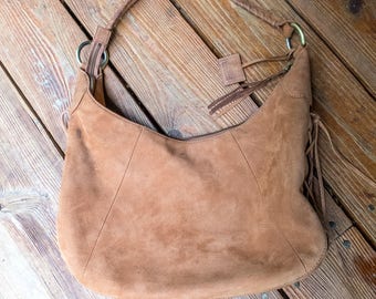 Via Spiga Boho Leather Bag | Tan Leather Hobo Bag | Boho Hippie | Large Tan Suede Purse | Large Leather Tote | Suede Lace Leather Boho Bag