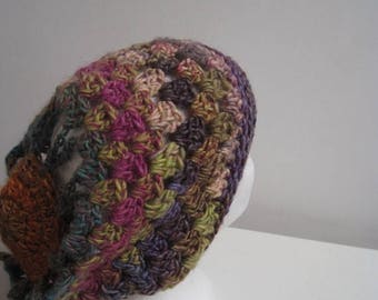 EARLY FALL SALE multi color hat, multi color beret, slouchy hat, open work hat, spring fall hat orange blue hat green purple hat "modesto"