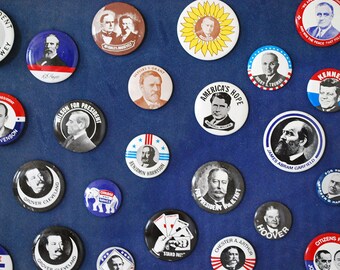 Presidential Campaign Buttons, 1972 Reproductions, Political Pinbacks, Framed Pin Back Collection, Borax Soap Premium, Pinback Replicas