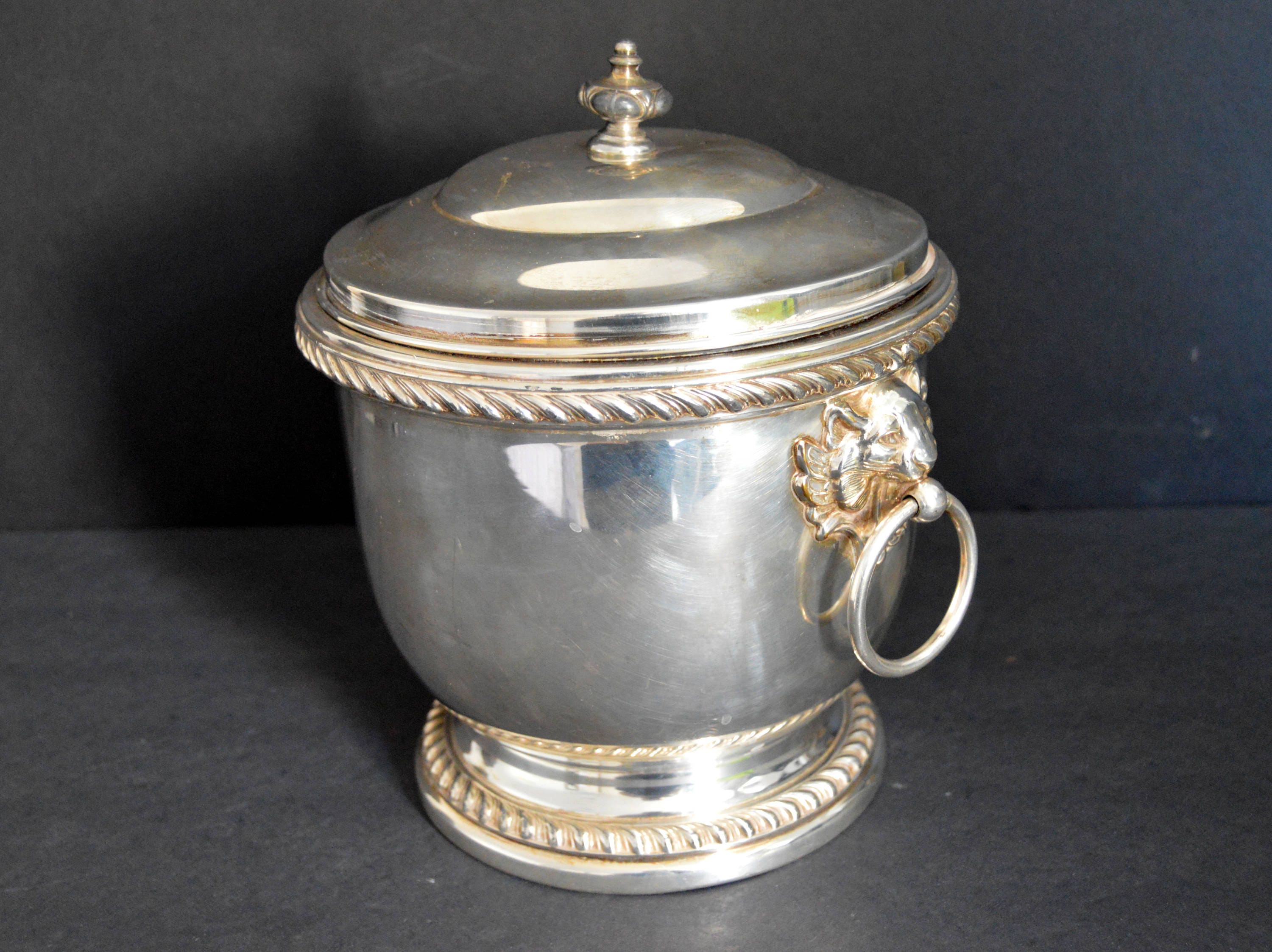 Silver Lion Head Ice Bucket Insulated Silverplated Wine