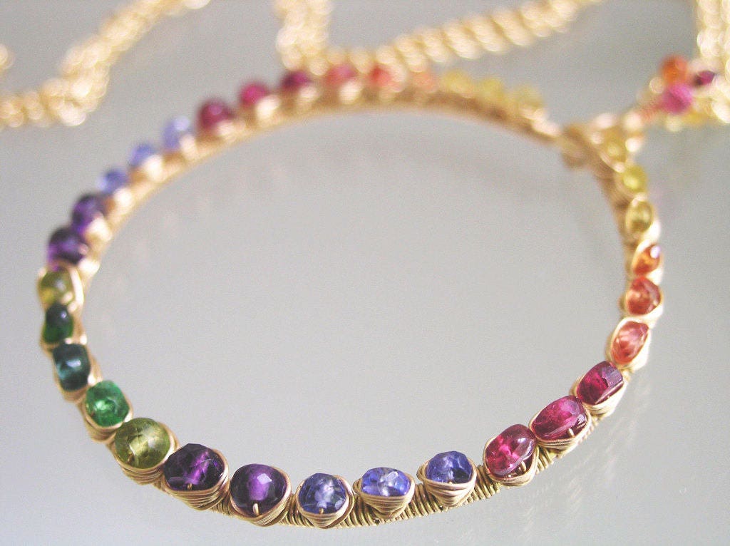 Rainbow Gemstone Circle Pendant Studded Ring 14k Gold Filled