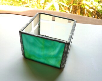 Simple Candle Holder or Trinket Box - Stained Glass Box with Green Front