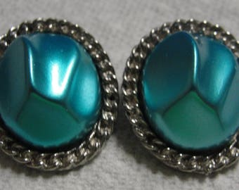 Teal Silver Tone Oval Clip Earrings