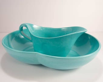 Vintage Branchell Melmac Mid Century Modern Turquoise Gravy Boat & Serving Bowl - Branchell Melmac Aqua Blue Gravy Boat and Serving Bowl