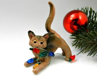 Abyssinian Cat Christmas Ornament Figurine Lights Porcelain