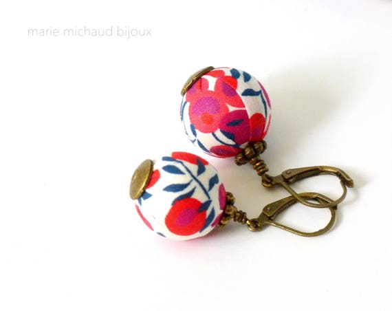 Liberty earrings, Red and navy earrings, Textile earrings, Cute earrings, Colorful earrings, Country chic earrings, Gift under 30