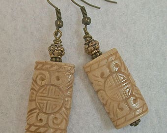 Vintage Chinese Carved Bone Double Happiness Bead Earrings , Vintage Brass Beads - GIFT WRAPPED