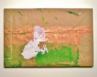 Artist's Sketchbook, Copper, Green and White, Stab Bound with Up Cycled Materials and Hand Painted Cover
