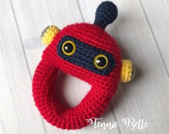 Robby the Robot Crochet Toy Rattle- Amigurumi: Red, Navy Blue, Yellow