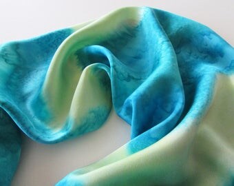 Blue Silk Scarf, Hand Painted Blue Silk Scarf, Blue Scarf, Hand Painted Silk Scarf, Yellow Silk Scarf, Blue Scarf, Yellow Silk Scarf
