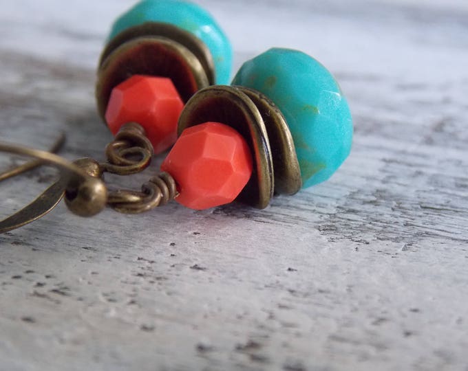 Coral Glass Drop Earrings Turquoise Czech Glass Brass Tropical Earrings Boho Dainty Cute Minimalist Gift For Her Jewelry