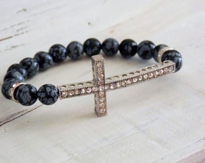 Stretch Sideways Cross Bracelet Snowflake Agate Gemstone Black Gray Rhinestone Stack Bracelet Spiritual Christian Jewelry