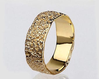 SALE 20% Off - ANTICO Textured Wedding Band, 14k Yellow Gold Wedding Band Ring, Unique Wedding band Women, Mens Wedding Band Gold, His and H