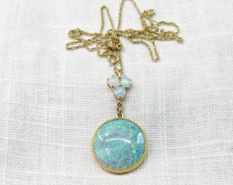 Vintage Opal Necklace set in 14k Yellow Gold on 14k Gold Chain; Vintage Layering Necklace; Midcentury Modern Organic Natural Gemstone