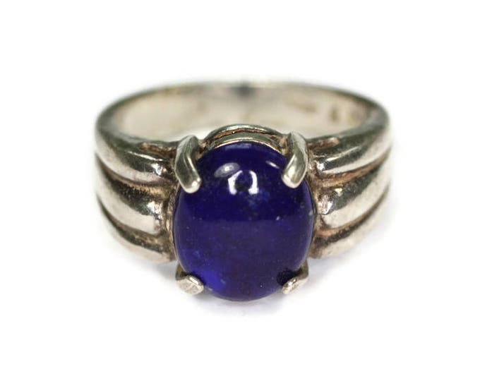 Lapis Glass Cabochon Sterling Modernist Ring Size 7