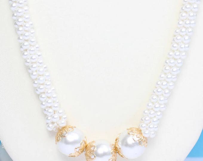 Faux Pearl Woven Necklace Long Flapper Style Gold Tone Accents