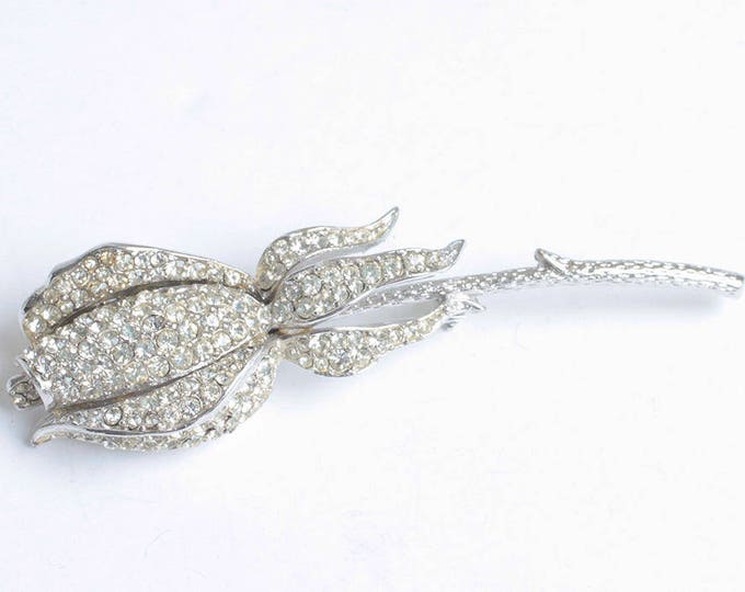 Rhinestone Rosebud Brooch CoroCraft Pave Set Stones Vintage Gift Bride Mom