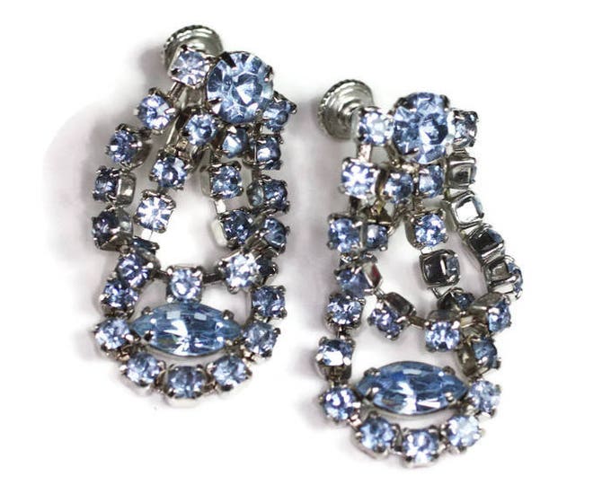 Blue Rhinestone Earrings Draped Dangle Screw Backs Vintage