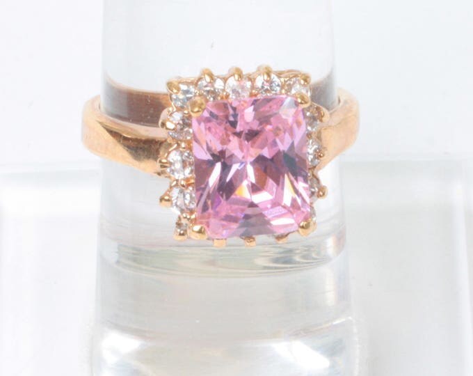 Pink Crystal Ring Clear Accents Gold Tone Size 8 Cocktail Dinner Ring Vintage