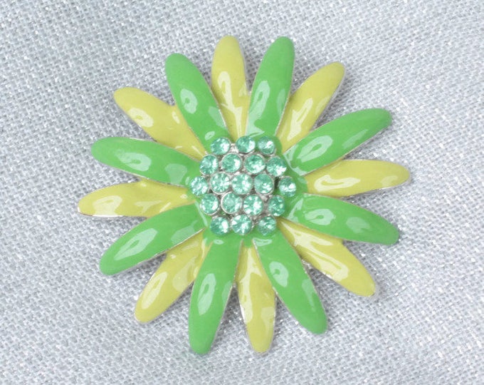 Vintage Green Enameled Flower Brooch Pendant Two Tone Green Rhinestones Flower Power Figural