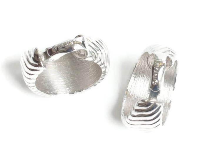 Trifari Silver Tone Hoop Earrings Ribbed Design Clip On