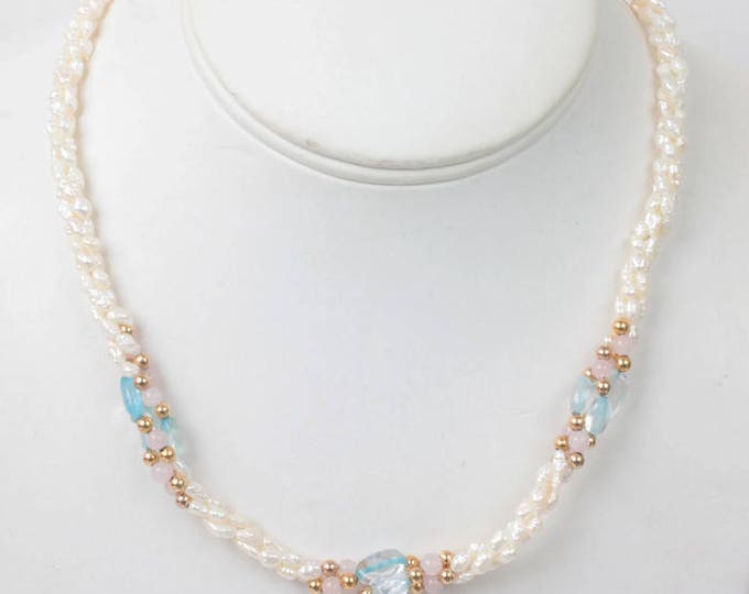 Freshwater Pearl Necklace Blue Glass Beads Rose Quartz Gold Tone Bead Necklace Vintage