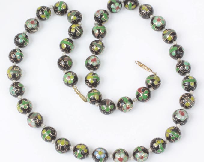 Green and Black Cloisonne Bead Necklace Porcelain Beads Vintage