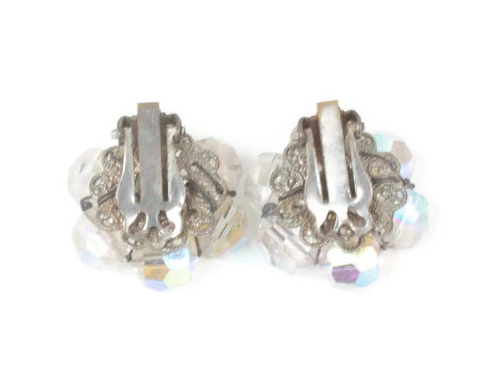 AB Crystal Bead Cluster Earrings Clip On Style Vintage Wedding Bridal Mid Century