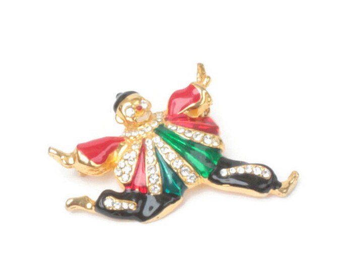 Enameled Circus Clown Brooch Rhinestones Figural Vintage