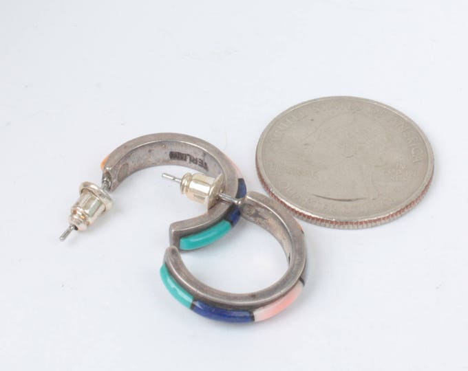 Southwestern Gemstone Earrings Channel Inlay Sterling Posts Half Hoops Vintage