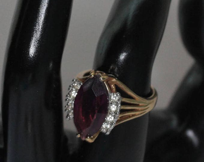 Amethyst Glass and Clear Stones Ring Marquise Stone 18KGE Statement Ring Size 8 Vintage