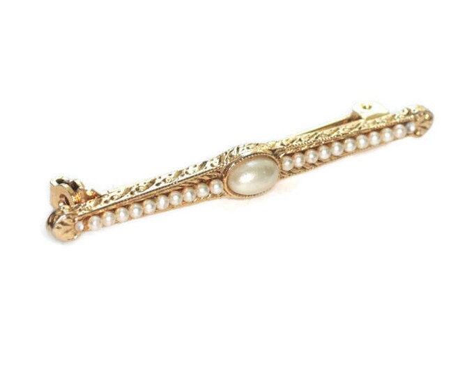 Faux Pearl Bar Pin Gold Tone Victorian Revival Vintage