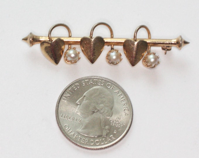 Cultured Pearl and Hearts Bar Pin Victorian Revival Vintage