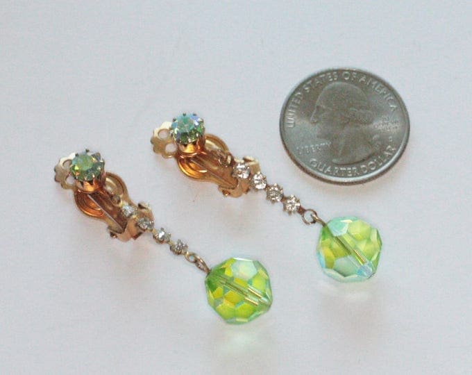 Green AB Crystal Dangle Earrings Clip Style Vintage