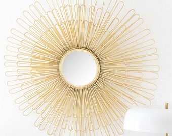 Grand miroir soleil en métal doré style vintage des années 60 diam 82 cm