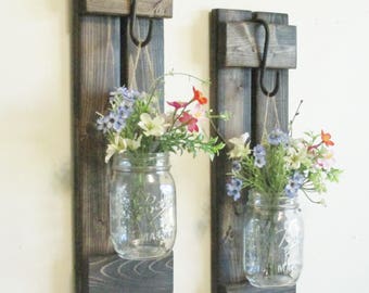 NEW Design..Rustic Primitive Farmhouse Wood Wall Decor... 2 Hanging Mason Jar Sconces..Wall Sconce
