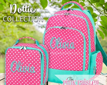Monogrammed Backpack and Lunch Box | Personalized Backpack | Girls School BookBag | Back To School | Dottie Pattern