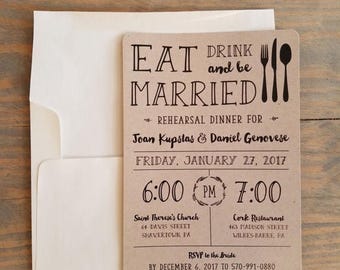 Pre Wedding Party Rehearsal Dinner Invitation, Eat, Drink & Be Married, Rustic Dinner Rehearsal Invitation, Rehearsal Invites