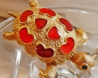 SALE Vintage Florenza Turtle Brooch. Textured Gold Tone Orange Red Enamel Turtle Pin. Green Rhinestones Turtle Brooch.