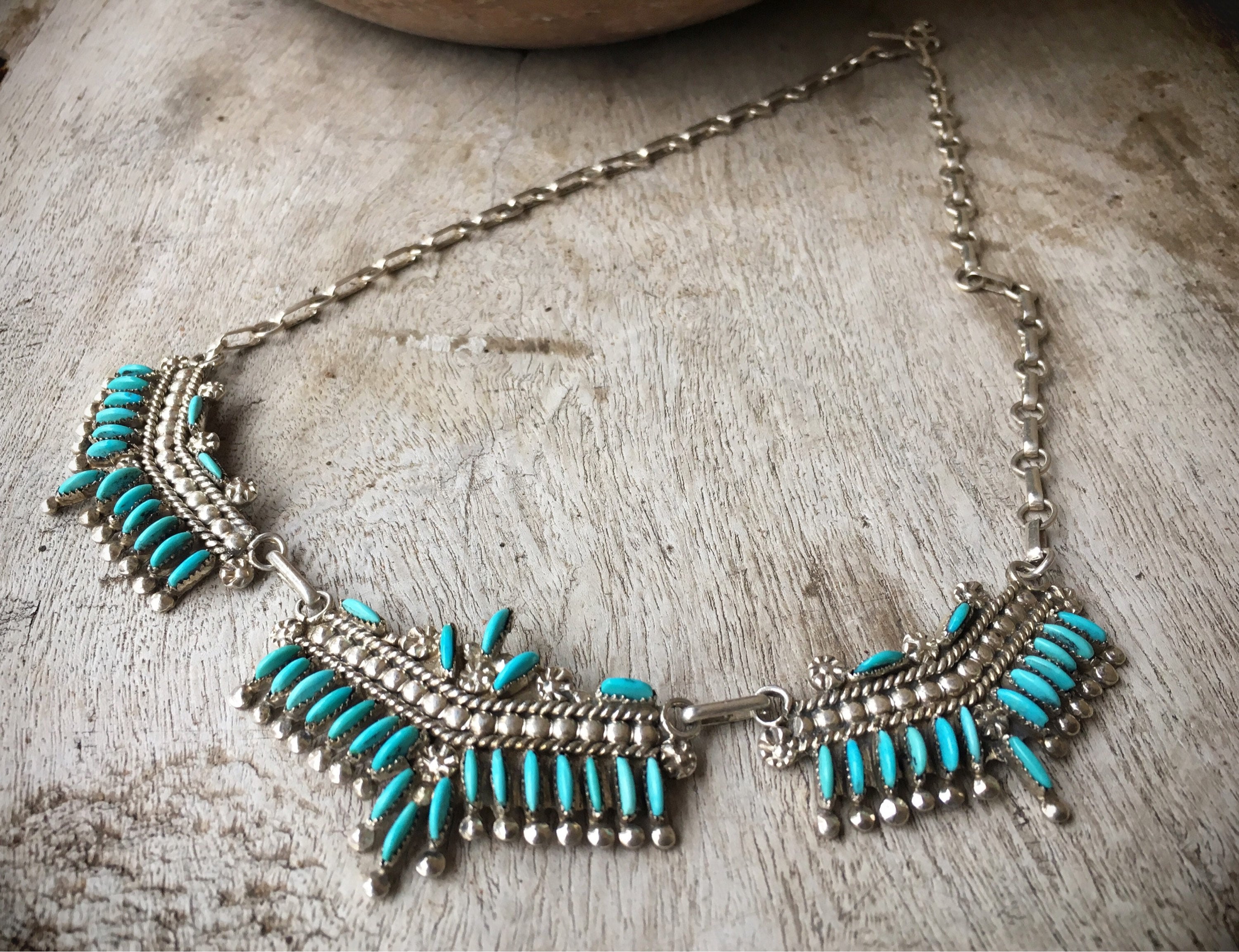 Zuni Jewelry Sterling Silver Turquoise Necklace, Native American Indian