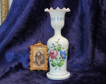 White Antique Hand Painted Bristol Glass Vase