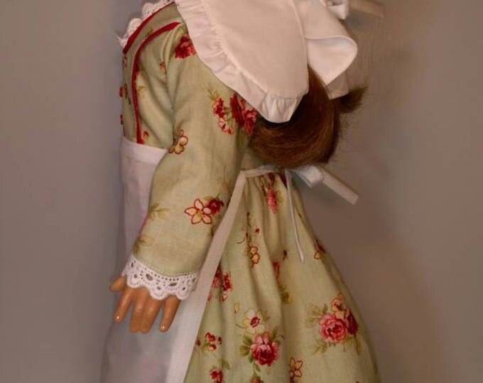 3 piece colonial, revolutionary green floral dress cap and apron for 18 inch dolls
