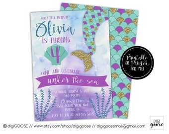 MERMAID INVITATIONS // Mermaid Birthday Invitation // Under the Sea Invitation // Mermaid Birthday Party // Teal // Purple // Gold