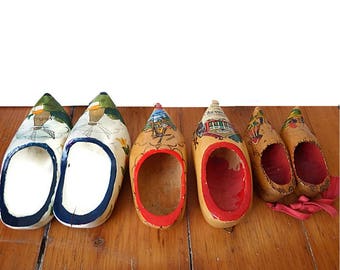 Trio Vintage Wooden Shoes from Holland/ Small Wooden Clogs Netherlands/ Hand Painted Shoes/ Instant Souvenir Collection