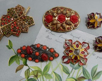 4 Vintage Burnt Orange & Autumn Tone Rhinestone Brooch Lot